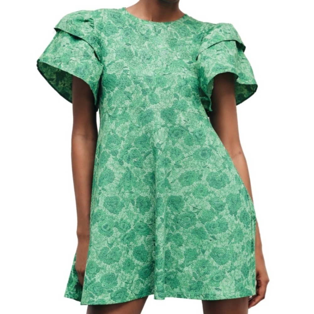 Zara‎ Womens Green Floral Cotton Mini Dress with Ruffle Sleeves Size S
